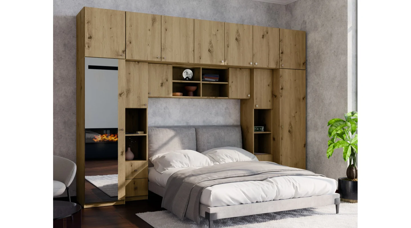 Zabudowa sypialni 394x225 cm lustro dąb Artisan – Sena | eMeblast
