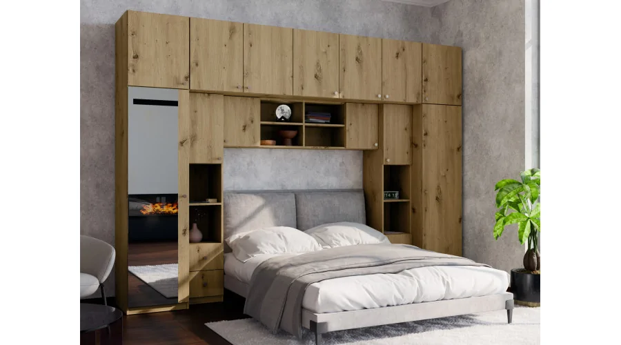 Zabudowa sypialni 394x225 cm lustro dąb Artisan – Sena | eMeblast