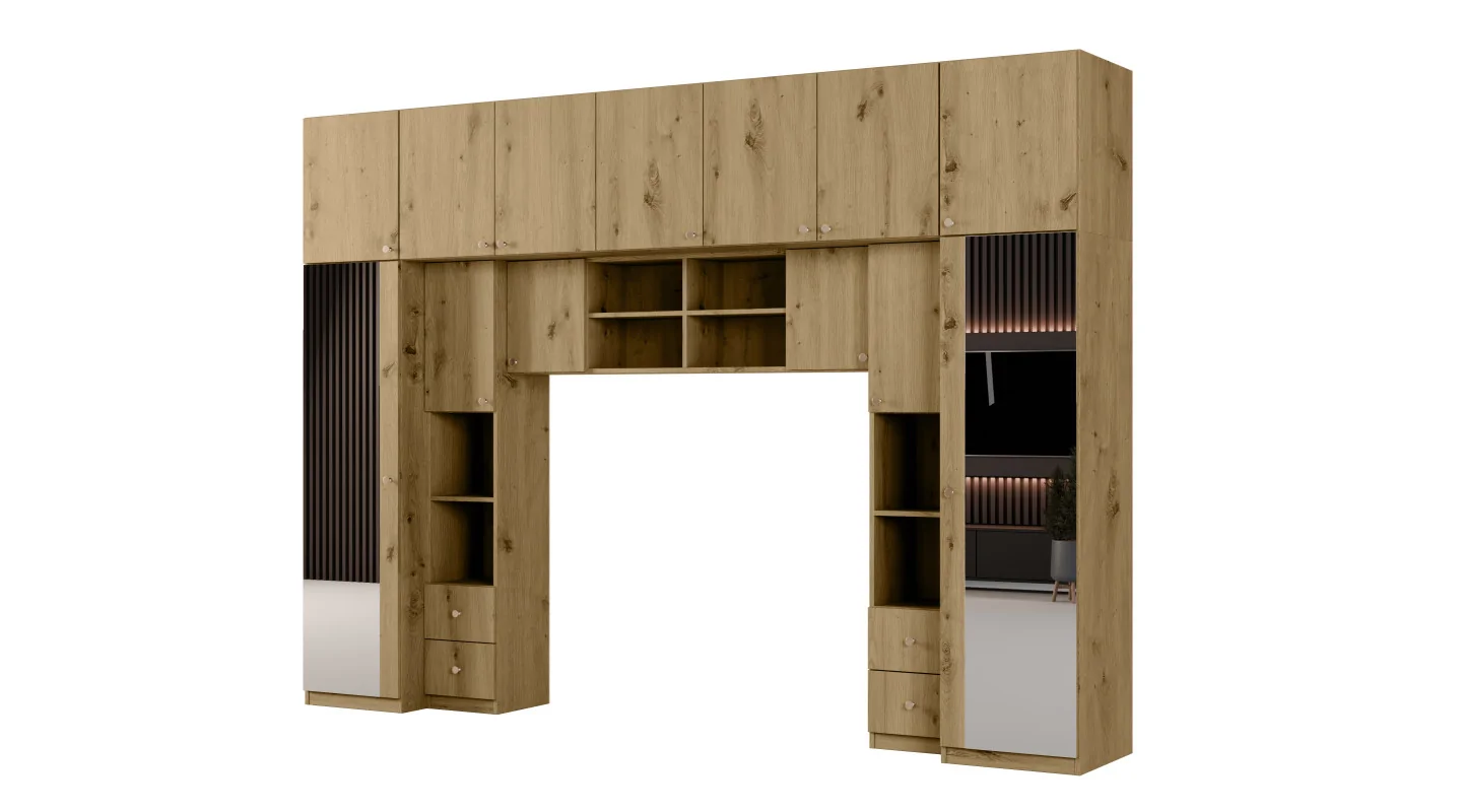 Zabudowa sypialni 394x225 cm 2 lustra dąb Artisan – Sena | eMeblast