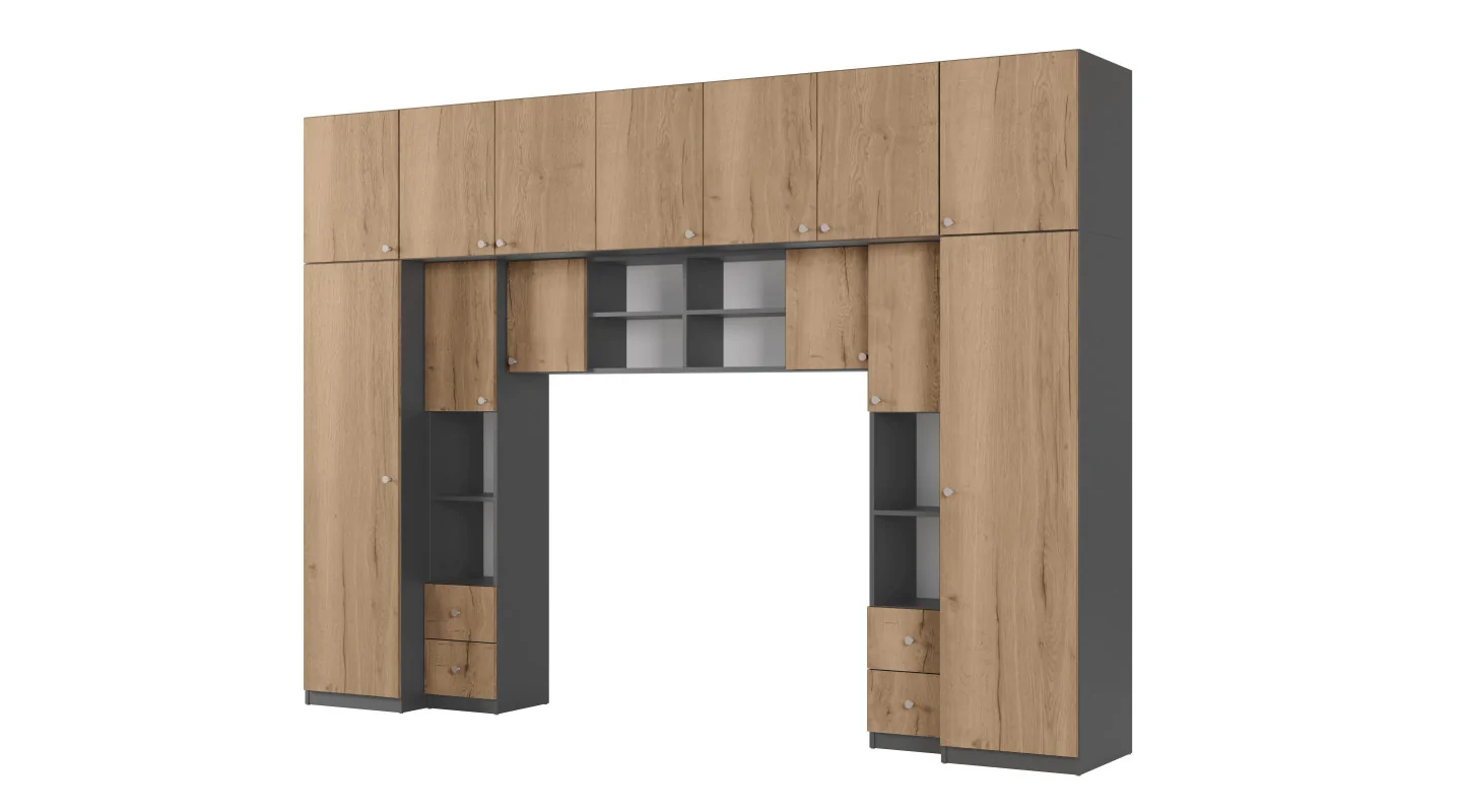Zabudowa sypialni 394x225 cm antracyt dąb Halifax – Sena | eMeblast