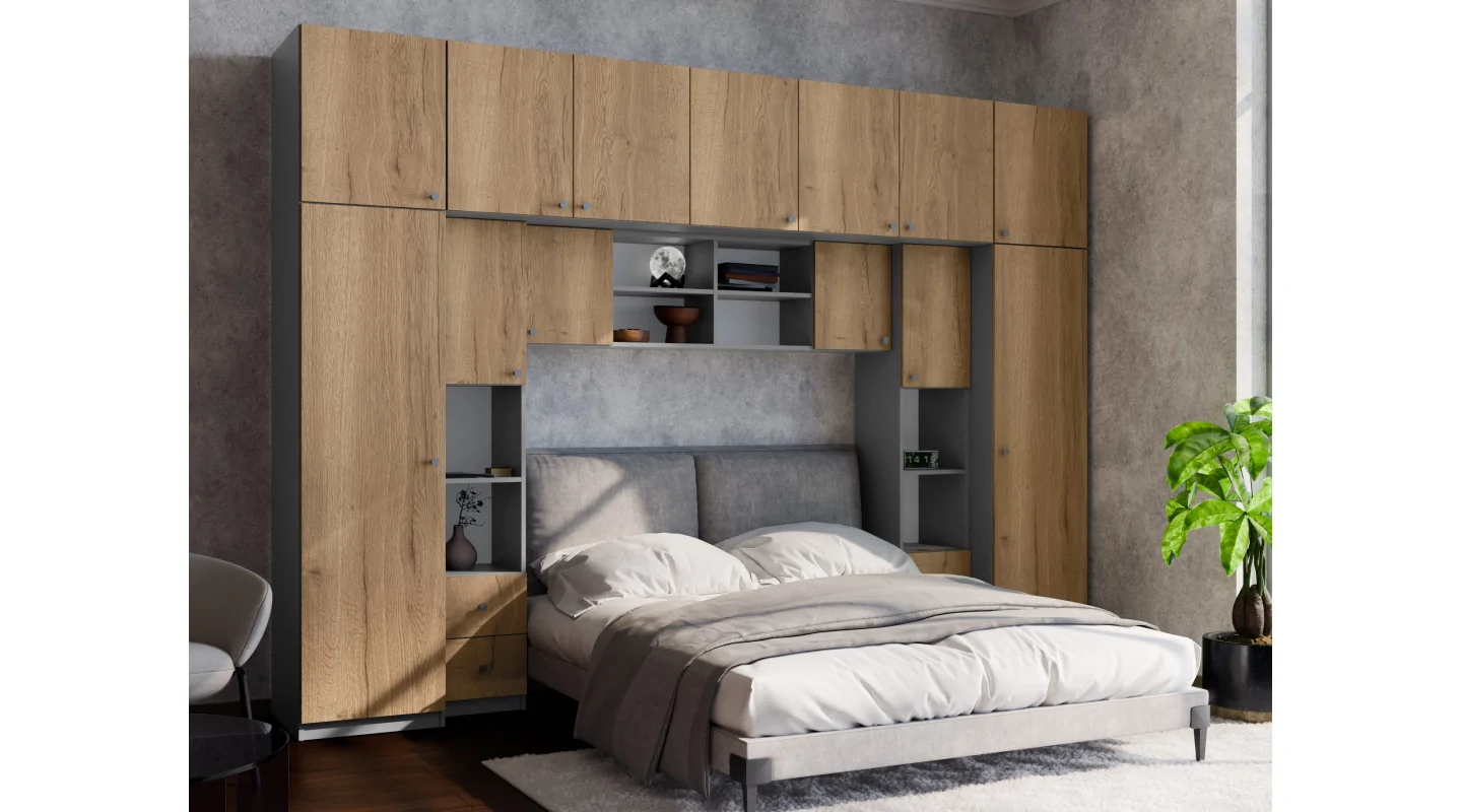 Zabudowa sypialni 394x225 cm antracyt dąb Halifax – Sena | eMeblast