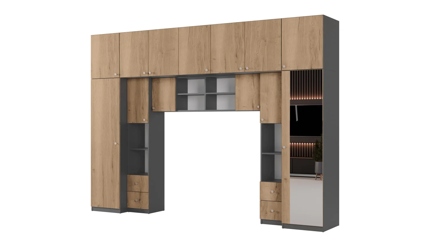 Zabudowa sypialni 394x225 cm lustro antracyt dąb Halifax – Sena | eMeblast