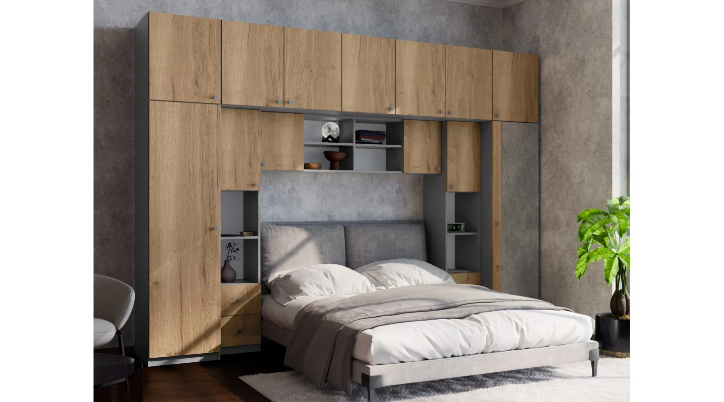 Zabudowa sypialni 394x225 cm lustro antracyt dąb Halifax – Sena | eMeblast