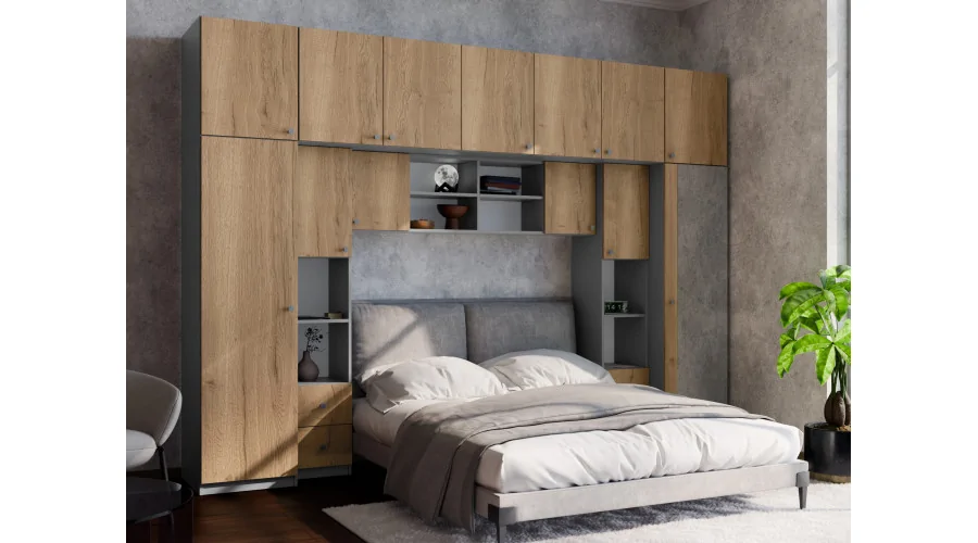 Zabudowa sypialni 394x225 cm lustro antracyt dąb Halifax – Sena | eMeblast