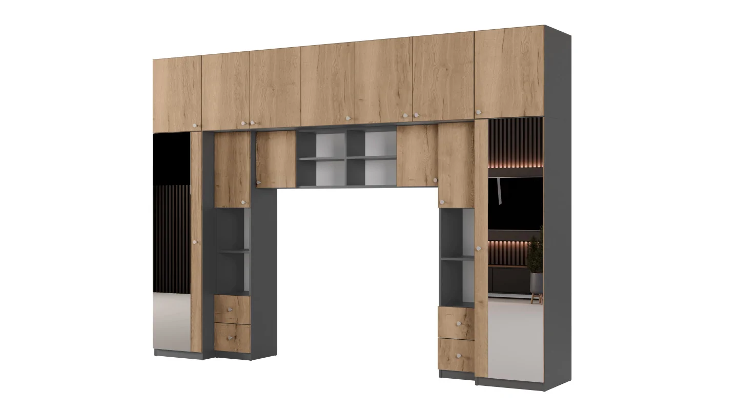 Zabudowa do sypialni 394x225 cm 2 lustra antracyt / dąb Halifax – Sena