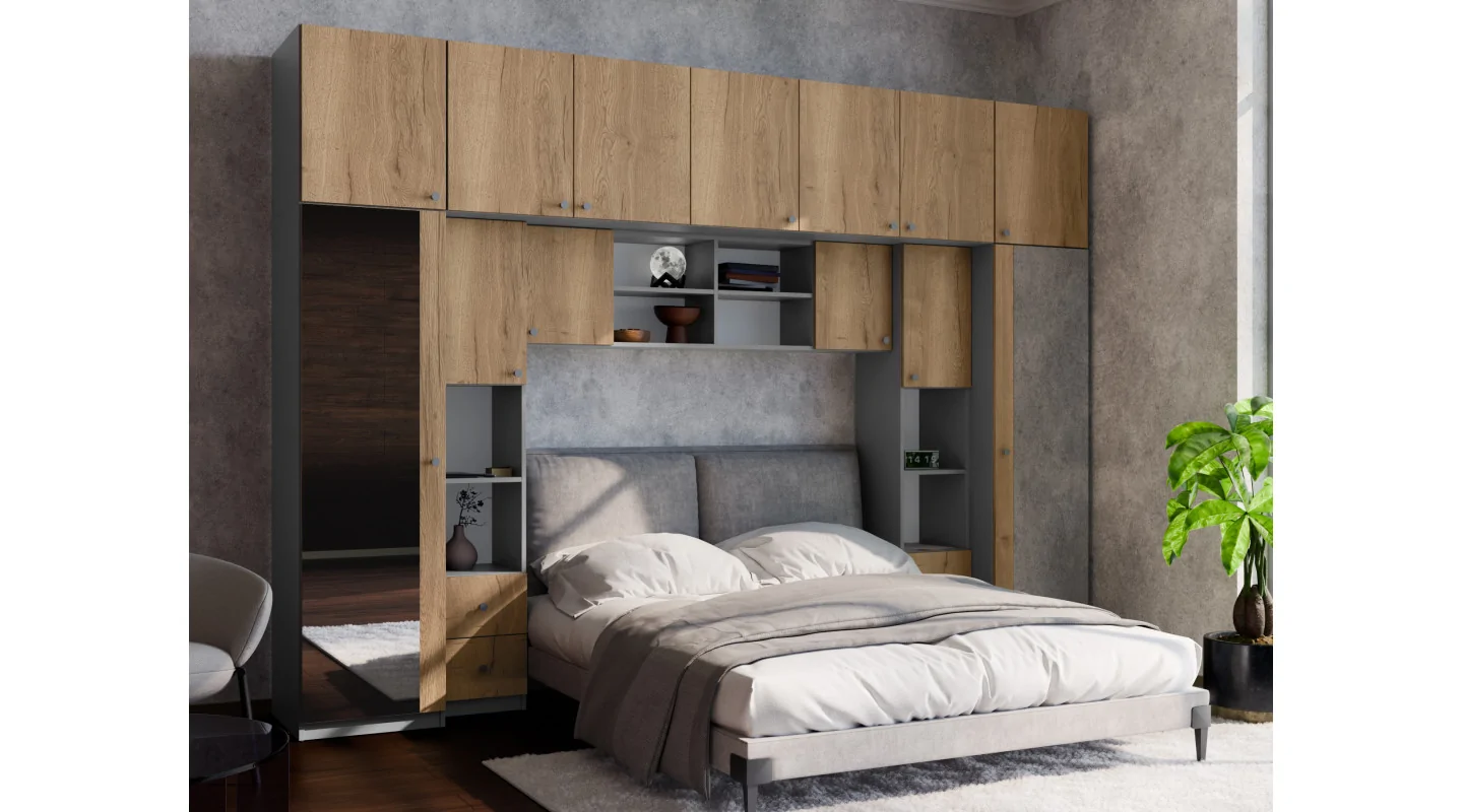 Zabudowa do sypialni 394x225 cm 2 lustra antracyt / dąb Halifax – Sena