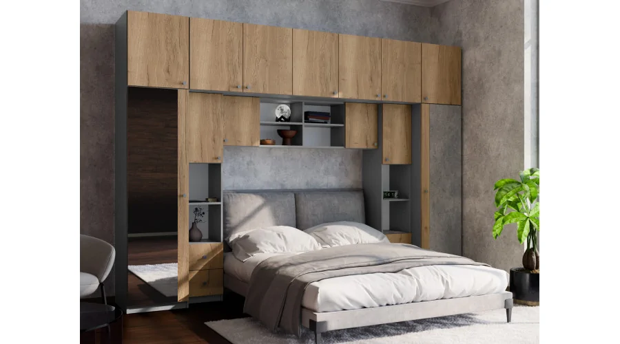 Zabudowa do sypialni 394x225 cm 2 lustra antracyt / dąb Halifax – Sena