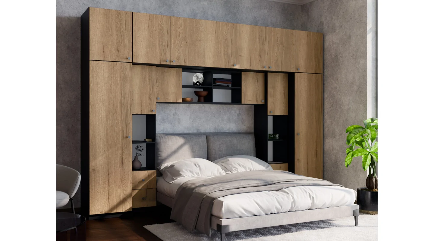 Zabudowa sypialni 394x225 cm czarny onyx dąb Halifax – Sena | eMeblast
