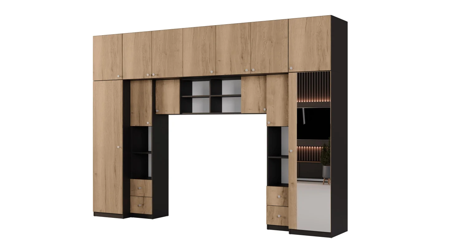 Zabudowa sypialni 394x225 cm lustro czarny onyx dąb Halifax – Sena | eMeblast