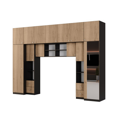 Zabudowa do sypialni 394x225 cm z lustrem czarny onyx / dąb Halifax – Sena