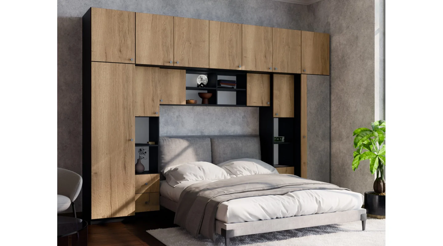 Zabudowa sypialni 394x225 cm lustro czarny onyx dąb Halifax – Sena | eMeblast