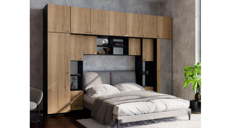 Zabudowa sypialni 394x225 cm lustro czarny onyx dąb Halifax – Sena | eMeblast