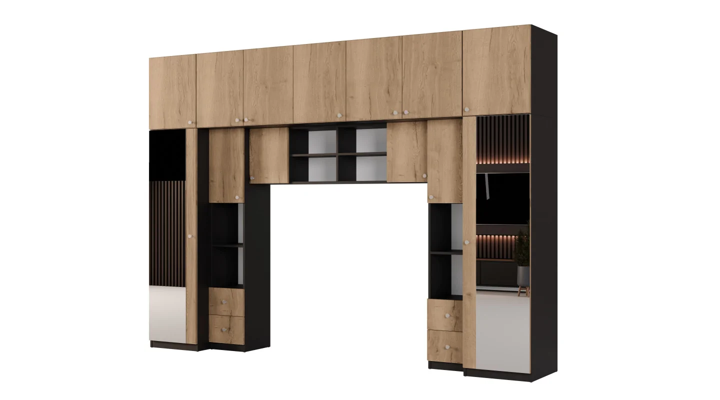 Zabudowa sypialni 394x225 cm 2 lustra czarny onyx dąb Halifax – Sena | eMeblast