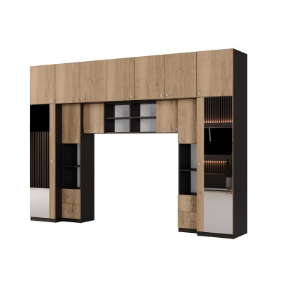 Zabudowa do sypialni 394x225 cm 2 lustra czarny onyx / dąb Halifax – Sena