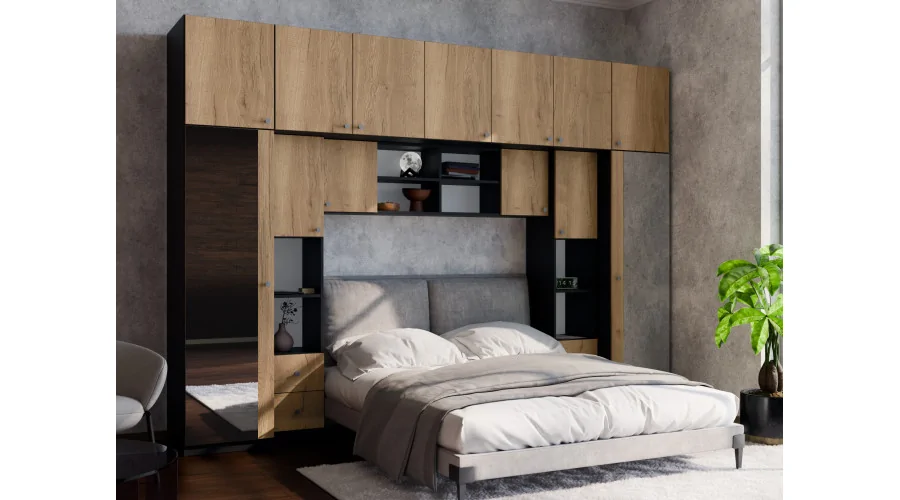 Zabudowa sypialni 394x225 cm 2 lustra czarny onyx dąb Halifax – Sena | eMeblast