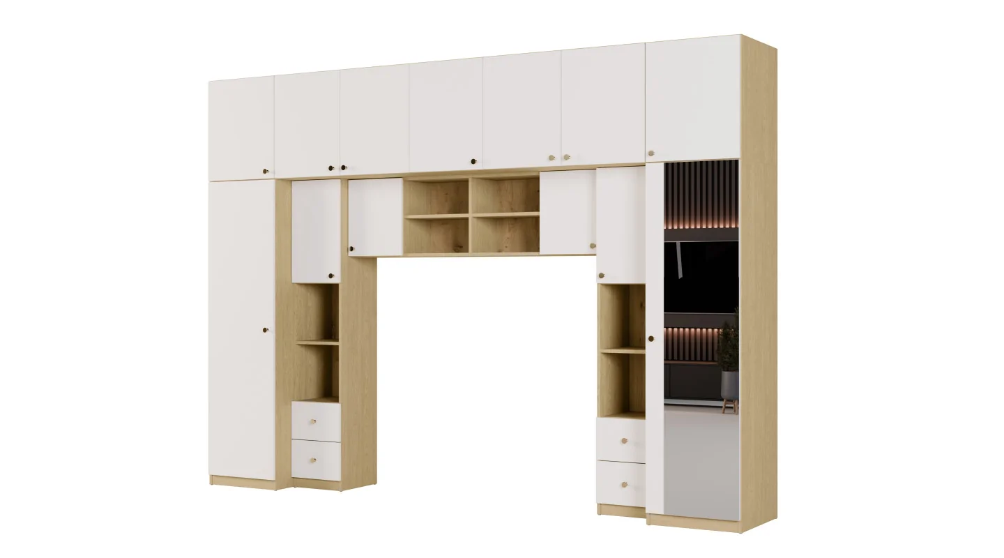 Zabudowa sypialni 394x225 cm lustro dąb Baltic Dune biel – Sena | eMeblast
