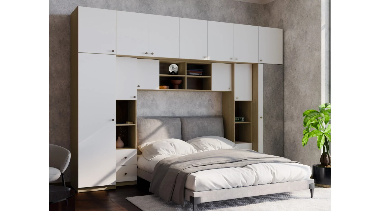 Zabudowa sypialni 394x225 cm lustro dąb Baltic Dune biel – Sena | eMeblast
