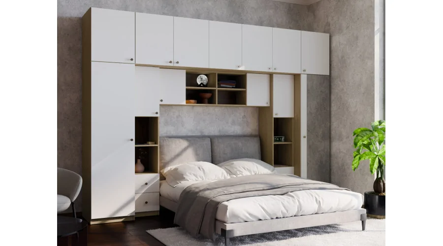 Zabudowa sypialni 394x225 cm lustro dąb Baltic Dune biel – Sena | eMeblast