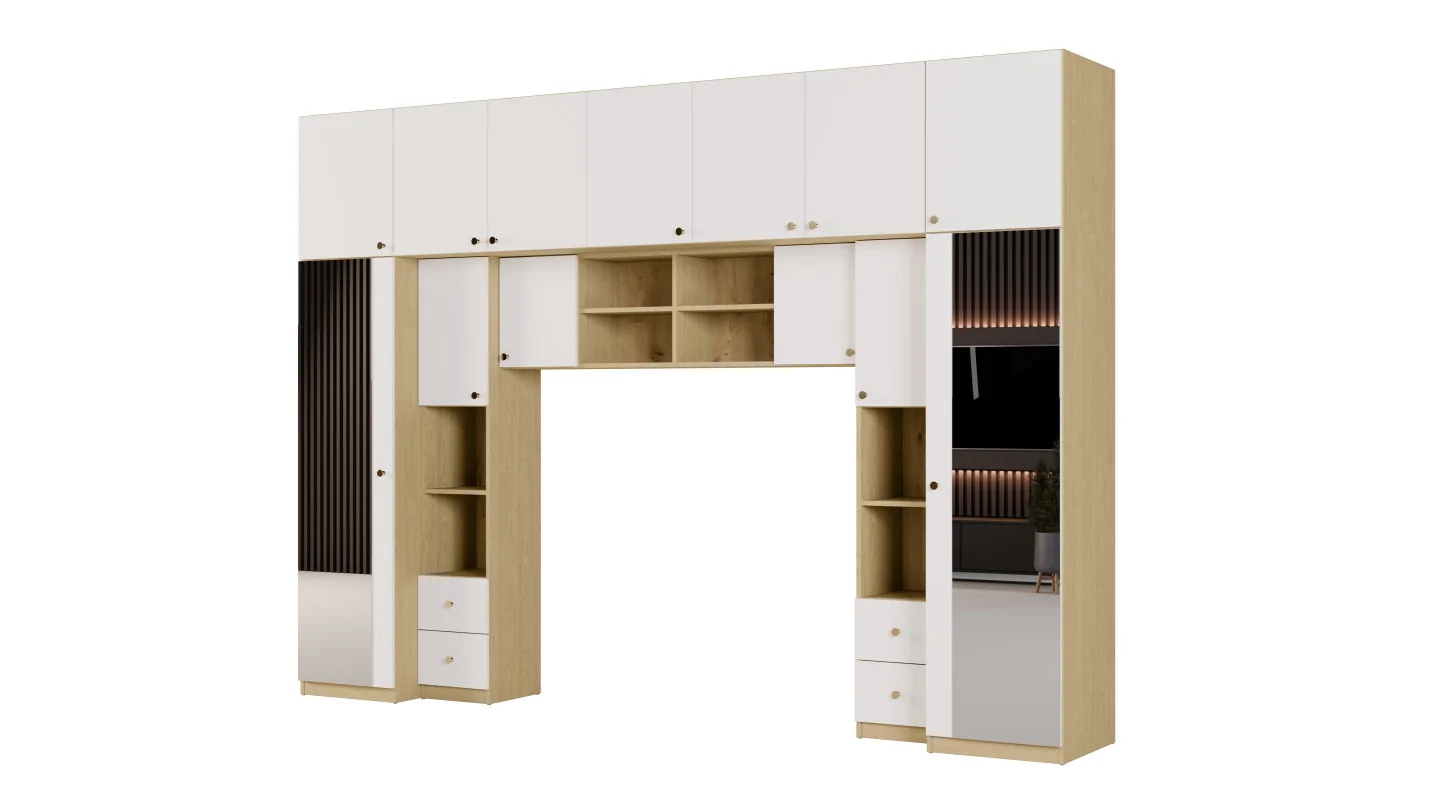Zabudowa sypialni 394x225 cm 2 lustra dąb Baltic Dune biel – Sena | eMeblast