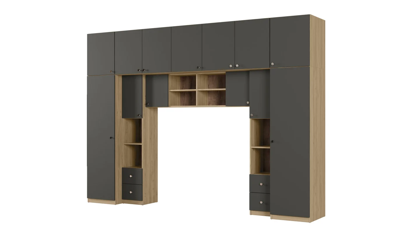 Zabudowa sypialni 394x225 cm dąb Carpenter Whisky szary grafit – Sena | eMeblast