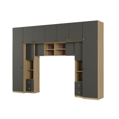 Zabudowa do sypialni 394x225 cm dąb Carpenter Whisky / szary grafit – Sena