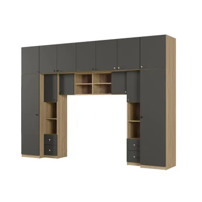 Zabudowa sypialni 394x225 cm dąb Carpenter Whisky szary grafit – Sena | eMeblast