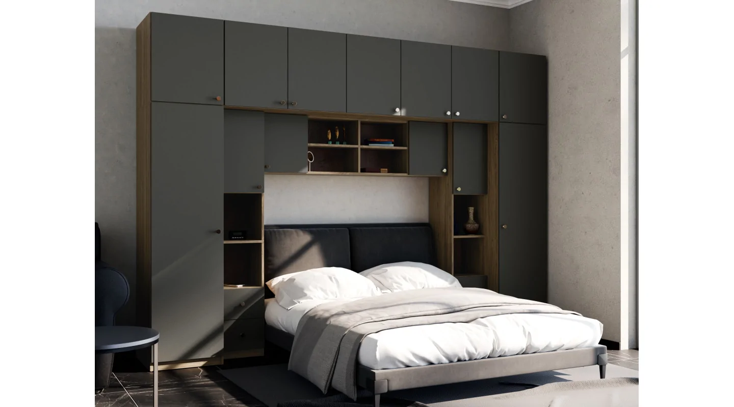 Zabudowa sypialni 394x225 cm dąb Carpenter Whisky szary grafit – Sena | eMeblast
