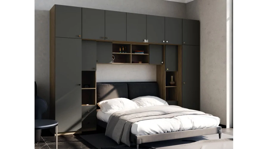 Zabudowa sypialni 394x225 cm dąb Carpenter Whisky szary grafit – Sena | eMeblast