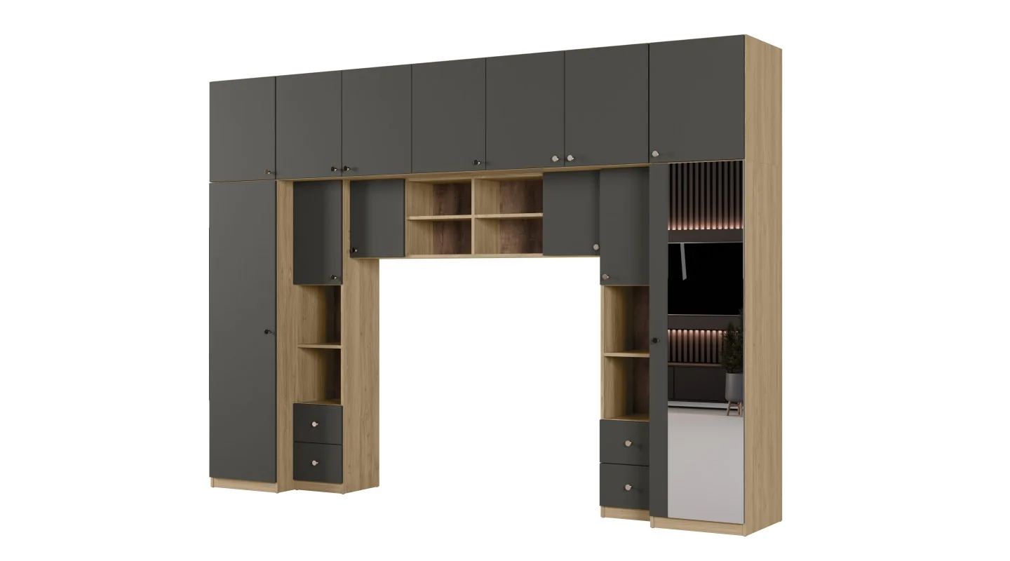 Zabudowa sypialni 394x225 cm lustro dąb Carpenter Whisky szary grafit – Sena | eMeblast