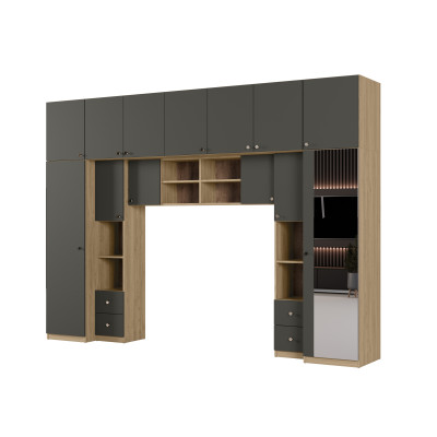 Zabudowa do sypialni 394x225 cm z lustrem dąb Carpenter Whisky / szary grafit – Sena