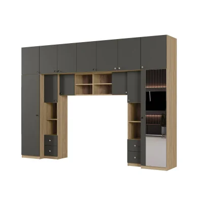 Zabudowa sypialni 394x225 cm lustro dąb Carpenter Whisky szary grafit – Sena | eMeblast