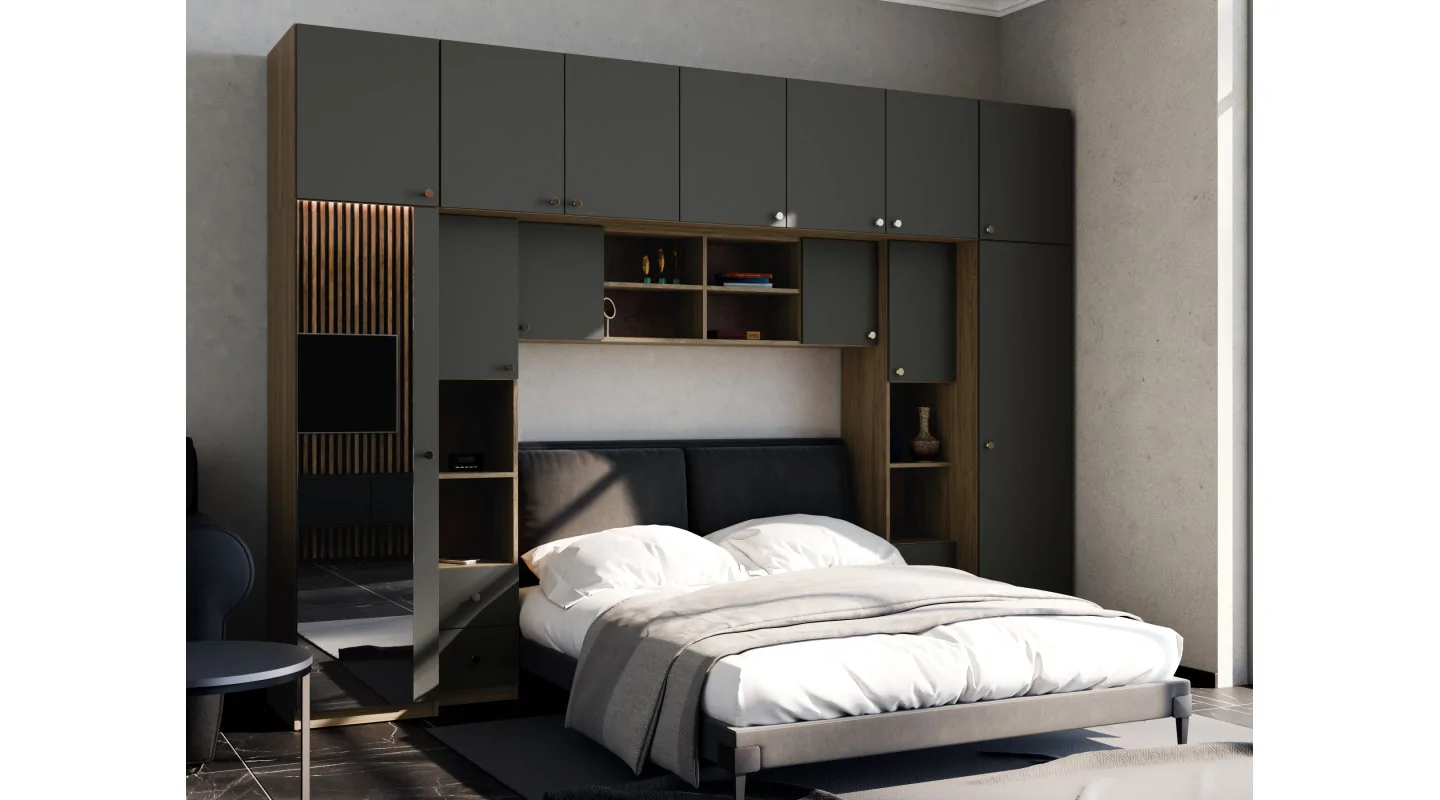 Zabudowa sypialni 394x225 cm lustro dąb Carpenter Whisky szary grafit – Sena | eMeblast