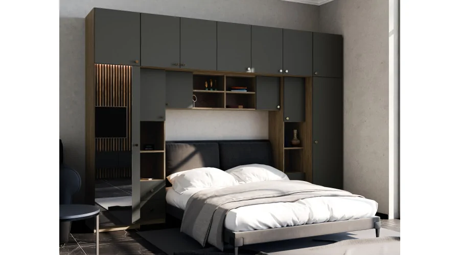 Zabudowa sypialni 394x225 cm lustro dąb Carpenter Whisky szary grafit – Sena | eMeblast