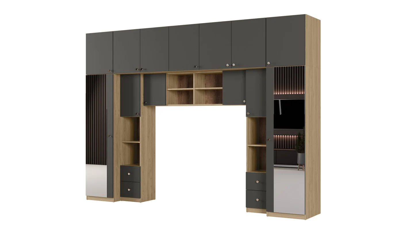 Zabudowa sypialni 394x225 cm 2 lustra dąb Carpenter Whisky szary grafit – Sena | eMeblast