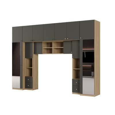 Zabudowa do sypialni 394x225 cm 2 lustra dąb Carpenter Whisky / szary grafit – Sena