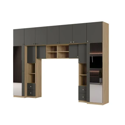 Zabudowa sypialni 394x225 cm 2 lustra dąb Carpenter Whisky szary grafit – Sena | eMeblast