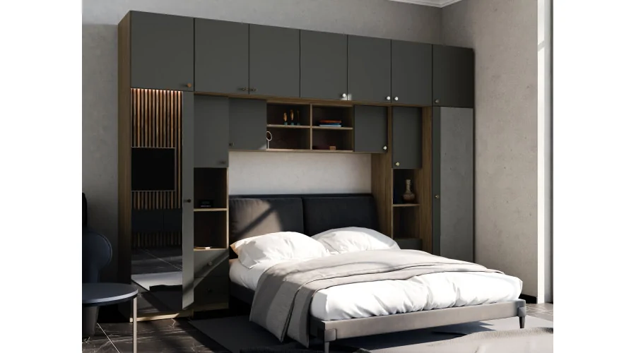 Zabudowa sypialni 394x225 cm 2 lustra dąb Carpenter Whisky szary grafit – Sena | eMeblast