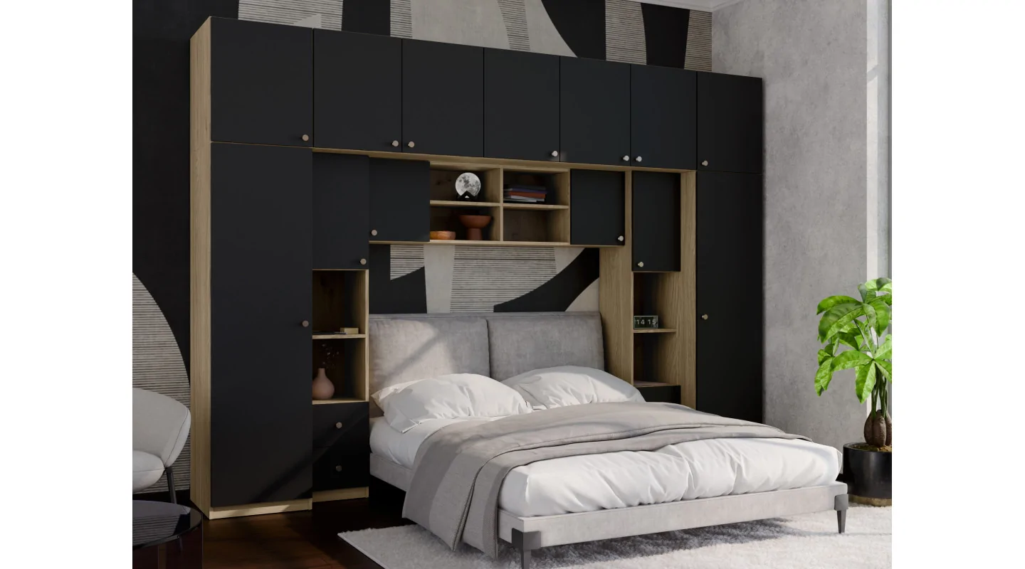 Zabudowa sypialni 394x225 cm dąb olejowany czarny onyx – Sena | eMeblast