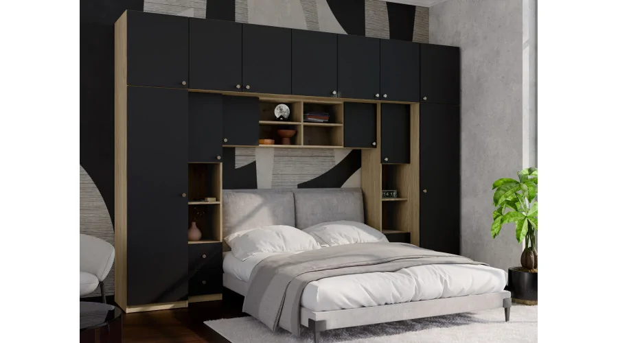 Zabudowa sypialni 394x225 cm dąb olejowany czarny onyx – Sena | eMeblast