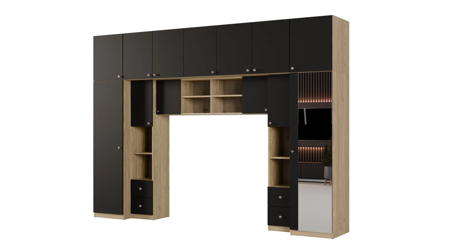 Zabudowa sypialni 394x225 cm lustro dąb olejowany czarny onyx – Sena | eMeblast