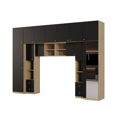 Zabudowa do sypialni 394x225 cm z lustrem dąb olejowany / czarny onyx – Sena