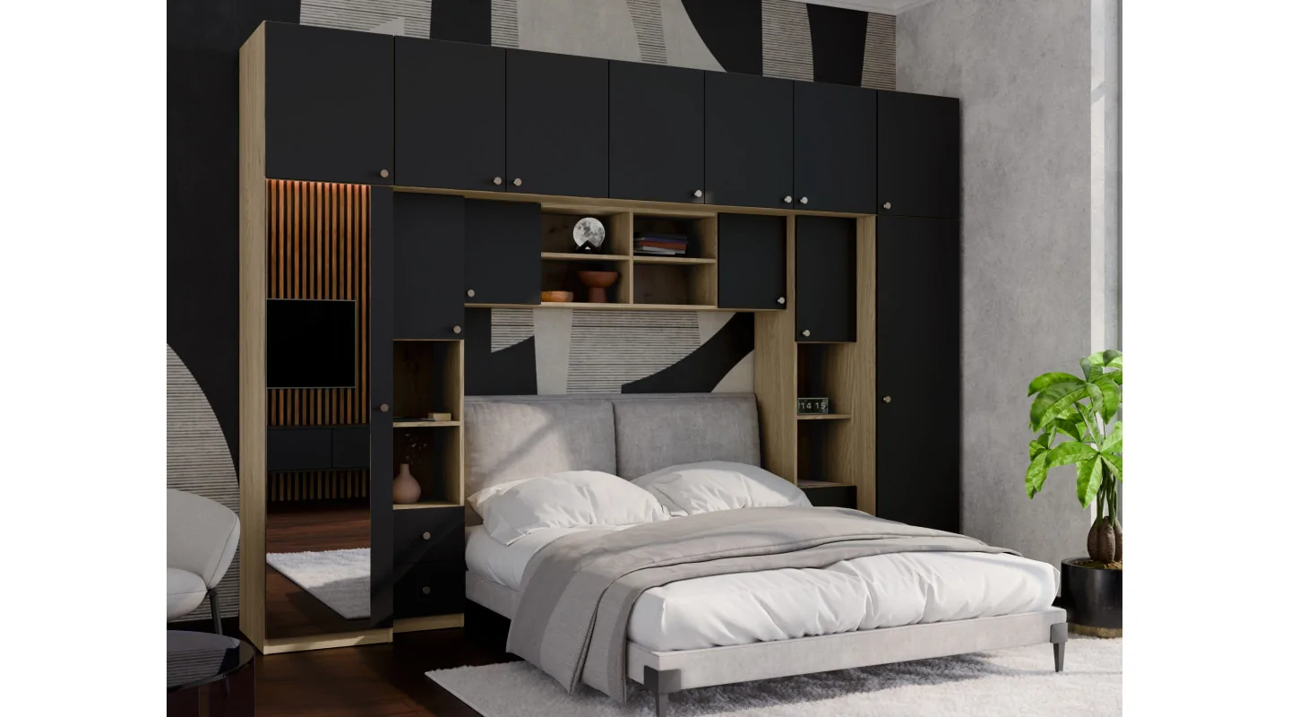 Zabudowa sypialni 394x225 cm lustro dąb olejowany czarny onyx – Sena | eMeblast
