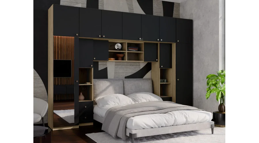 Zabudowa sypialni 394x225 cm lustro dąb olejowany czarny onyx – Sena | eMeblast