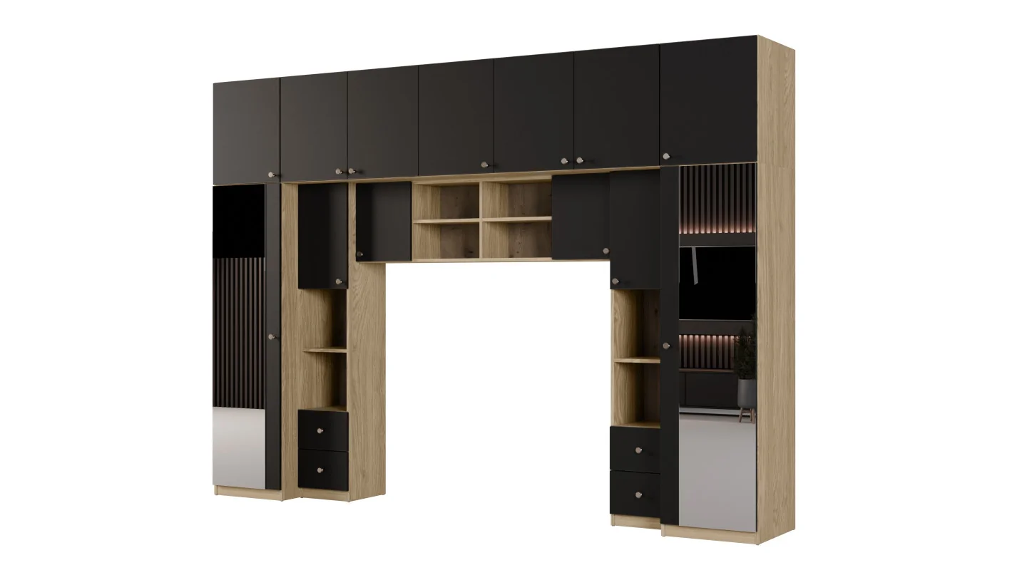 Zabudowa sypialni 394x225 cm 2 lustra dąb olejowany czarny onyx – Sena | eMeblast