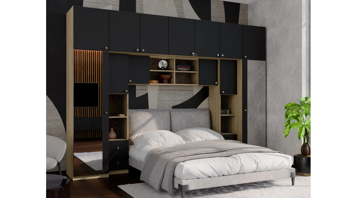 Zabudowa sypialni 394x225 cm 2 lustra dąb olejowany czarny onyx – Sena | eMeblast
