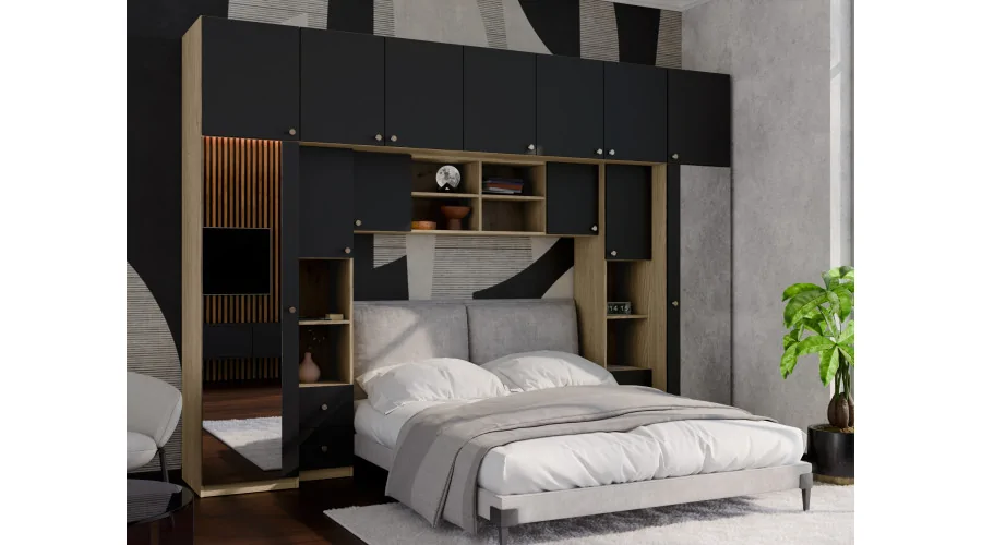 Zabudowa sypialni 394x225 cm 2 lustra dąb olejowany czarny onyx – Sena | eMeblast