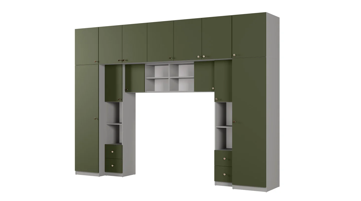 Zabudowa sypialni 394x225 cm szary pallad zielony oliwkowy – Sena | eMeblast