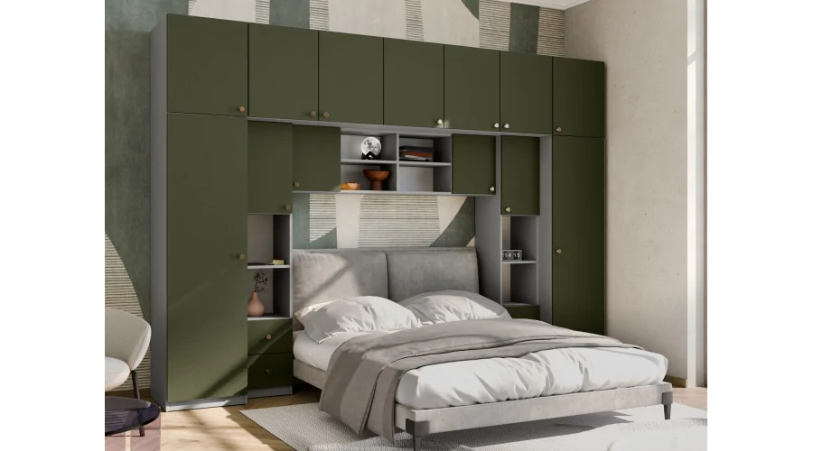 Zabudowa sypialni 394x225 cm szary pallad zielony oliwkowy – Sena | eMeblast