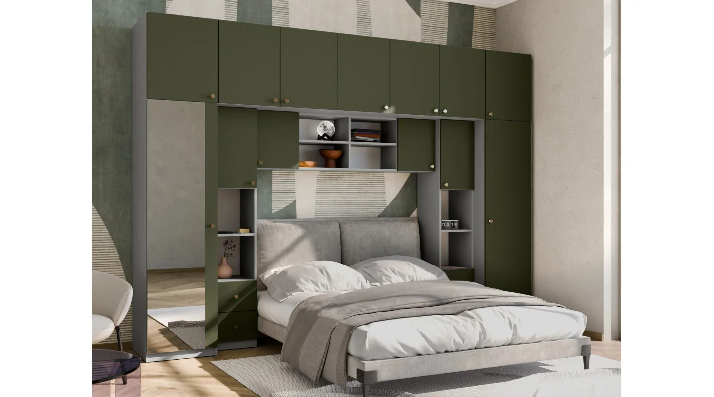 Zabudowa sypialni 394x225 cm lustro szary pallad zielony oliwkowy – Sena | eMeblast