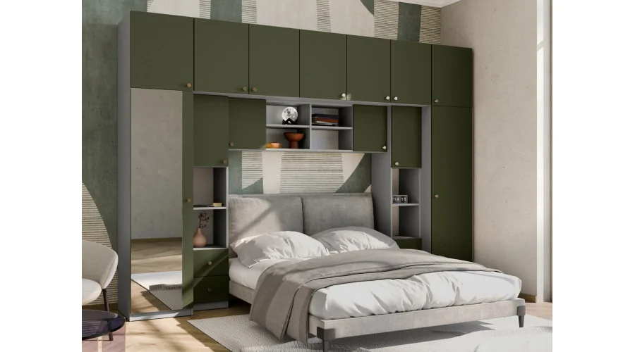 Zabudowa sypialni 394x225 cm lustro szary pallad zielony oliwkowy – Sena | eMeblast